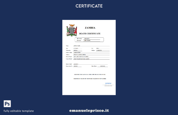 stile verificato Certificato di morte dello stato di stato dello Zambia Modello 